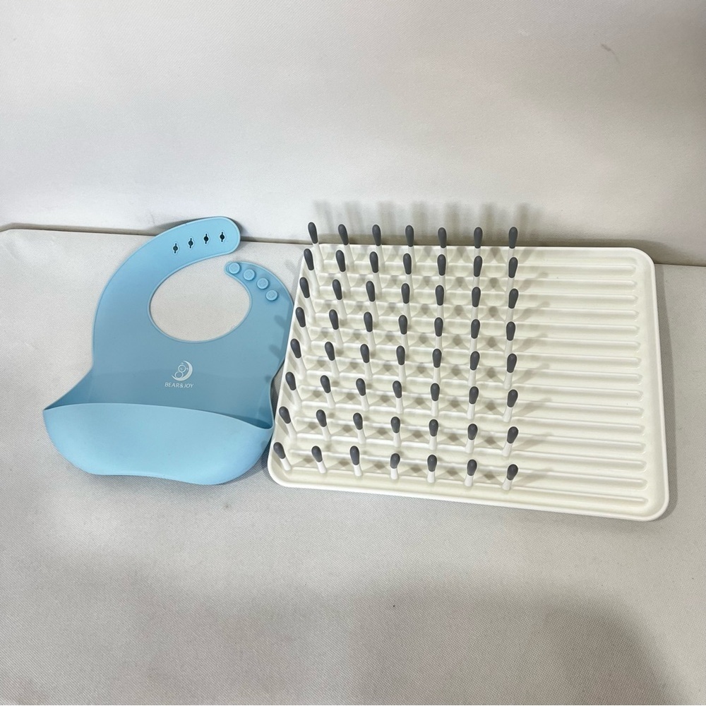 Bottle & Accessories Drying Rack And Blue Silicone Bib Bundle Lot